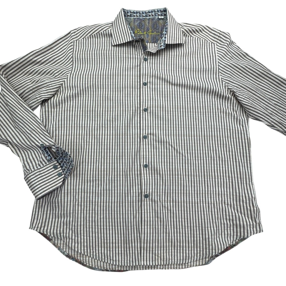 Robert Graham Shirt Mens 2XL Brown Gray Striped Classic Fit Button Front Cotton
